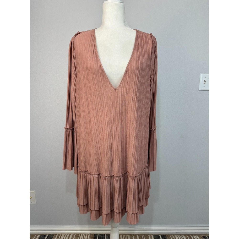 Free People Can't Help It Plisse Mini Dress Bohemian Pleated Oversized Pink XS‎